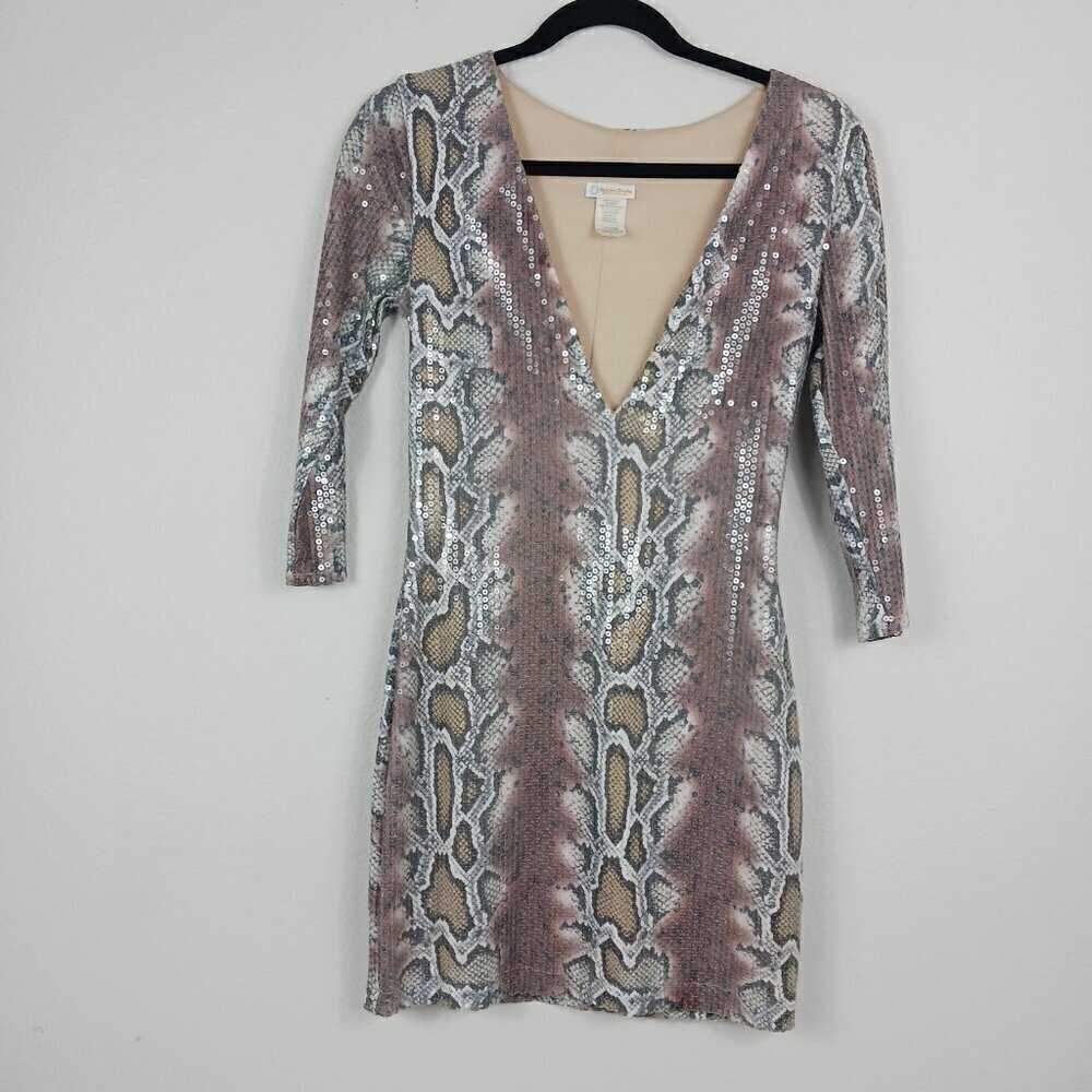 RUBBER DUCKY mini dress women's animal print sequin 3/4 sleeve brown size S